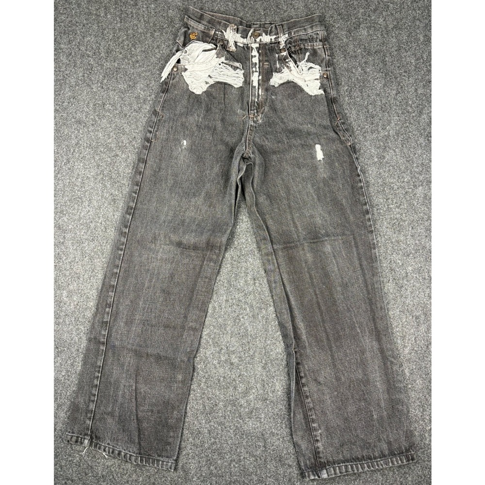 Rocawear Womens Baggy Wide Leg Jeans Size 16 Black Distressed Y2K Embroidered - Picture 1 of 13
